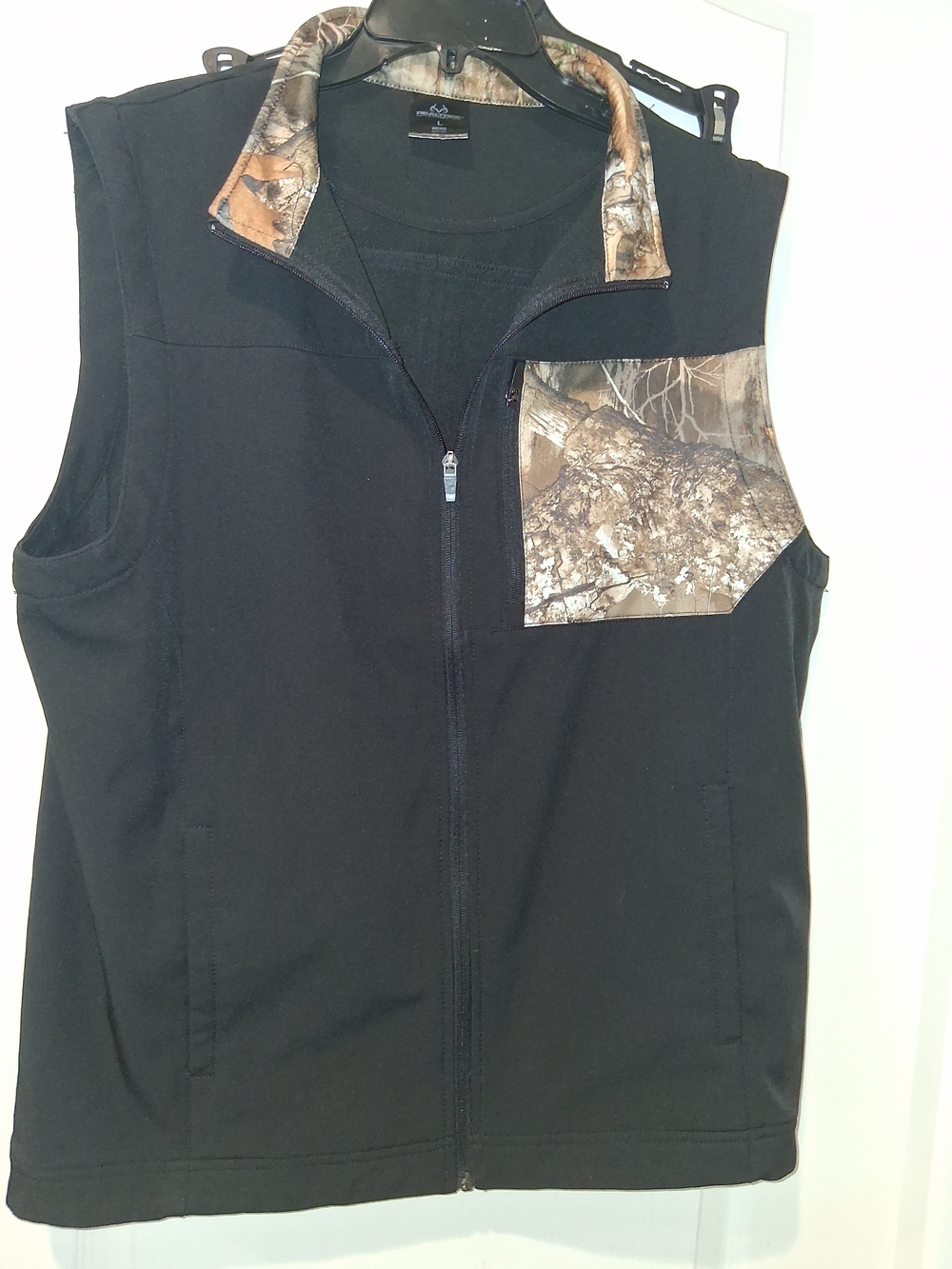 Realtree Black Vest with Camo Pocket and Collar Accent